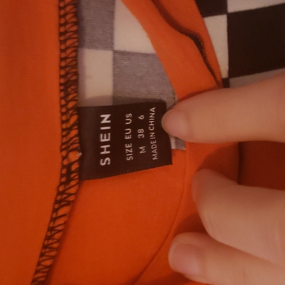 Shein Orange and Checker Pattern Mock Neck Lettuce Trim Crop Top - Picture 2 of 3